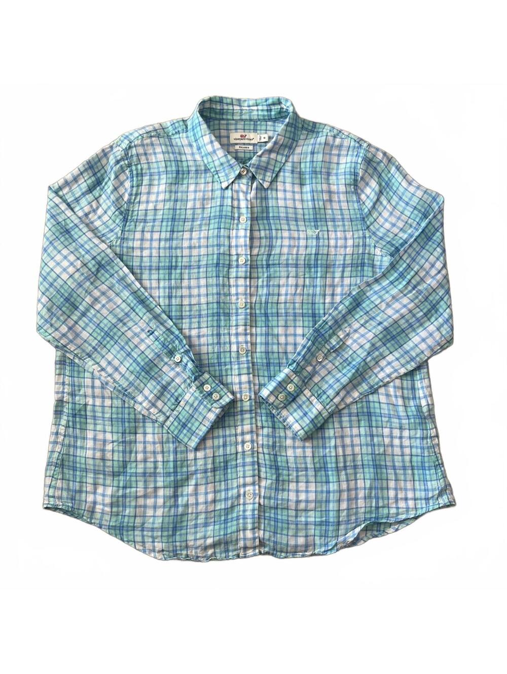 Vineyard Vines Womens Linen Button Up Long Sleeve Shirt Blue Plaid Size 16